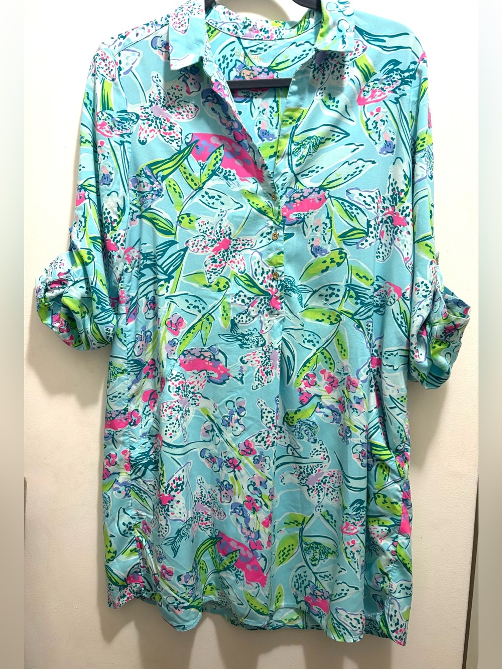 Vibrant Lilly Pulitzer Tab-Sleeve Tunic Dress Tropical, Cruise, Beach Size S